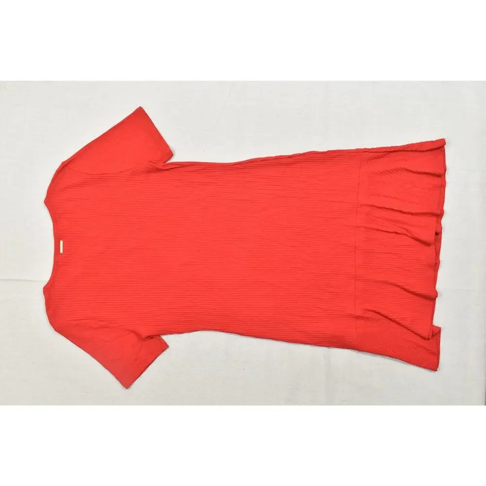 Michael Kors XL Red Ribbed Knit Short Sleeve Ruffle Hem Keyhole Sheath Dress